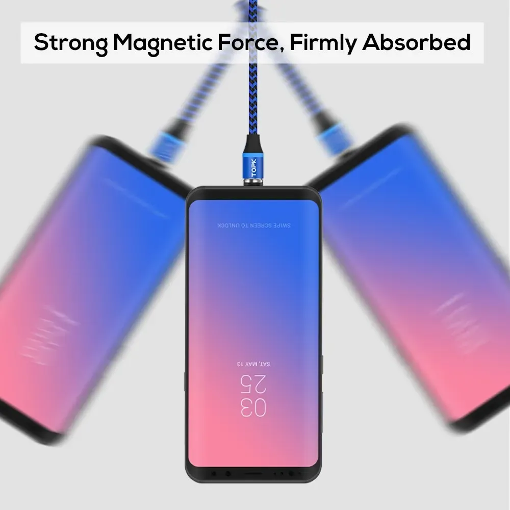 TOPK Câble de charge magnétique 3 en 1 rotatif à 360°, avec lumière LED, compatible micro USB et USB-C 4