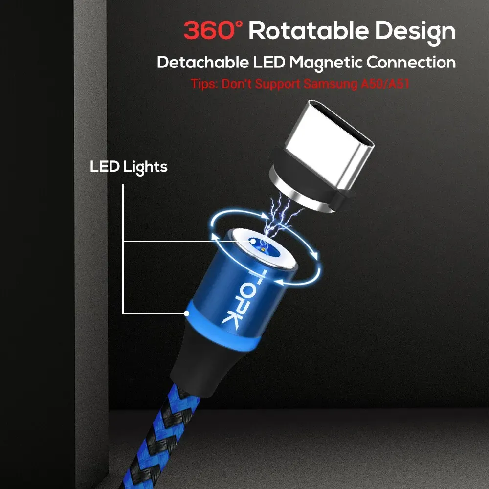 TOPK Câble de charge magnétique 3 en 1 rotatif à 360°, avec lumière LED, compatible micro USB et USB-C 6