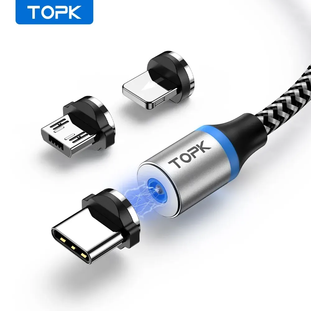 TOPK Câble de charge magnétique 3 en 1 rotatif à 360°, avec lumière LED, compatible micro USB et USB-C 8