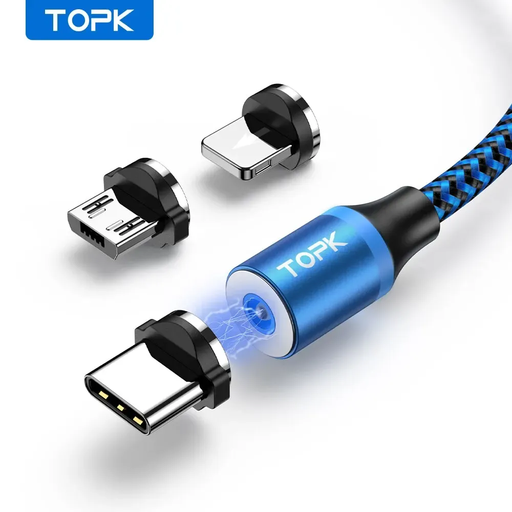 TOPK Câble de charge magnétique 3 en 1 rotatif à 360°, avec lumière LED, compatible micro USB et USB-C 7