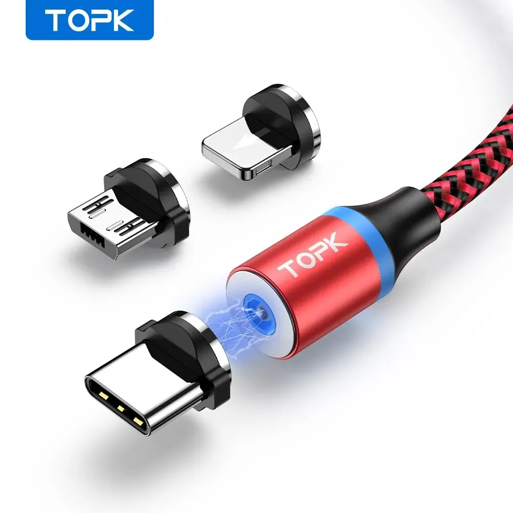 TOPK Câble de charge magnétique 3 en 1 rotatif à 360°, avec lumière LED, compatible micro USB et USB-C 9