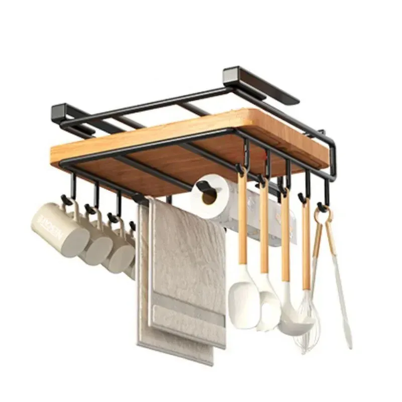 Support organisateur suspendu de cuisine avec crochets sous le placard, porte-essuie-tout, chiffons, planche à découper, support de couvercle de casserole, étagère de rangement 6