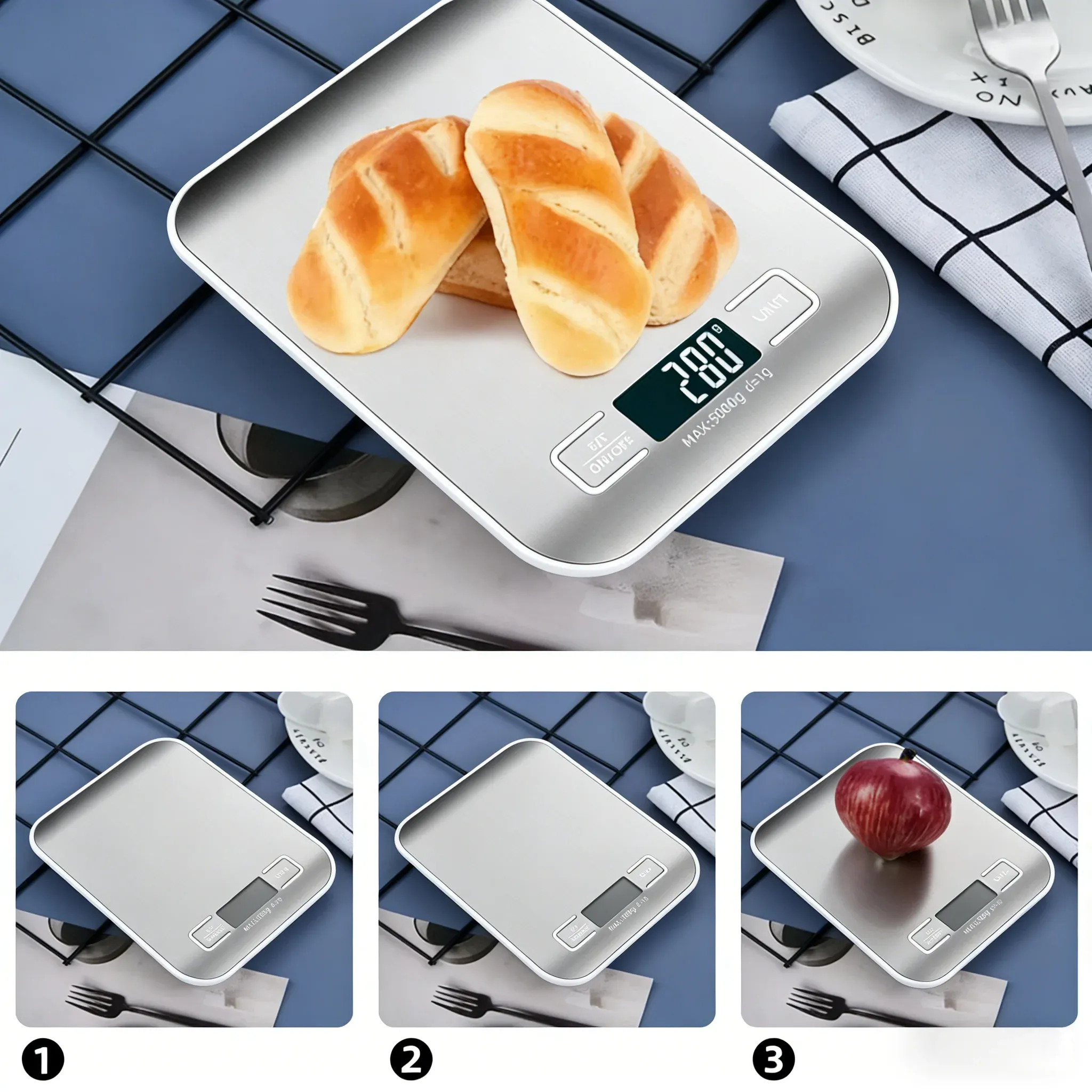 Balance de cuisine numérique 10 kg / 5 kg à précision de 1 g, écran LED et plateau en acier inoxydable 4