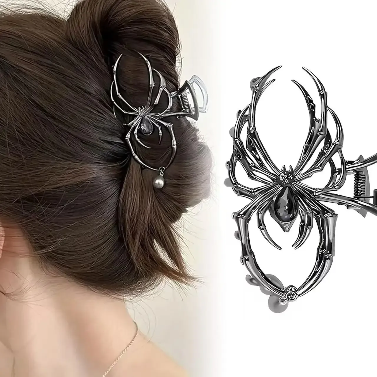 Pince à cheveux Y2K pour femme, ornée de fausses perles, en alliage métallique, motif crâne et griffe d'araignée, pour un usage quotidien - Image 1