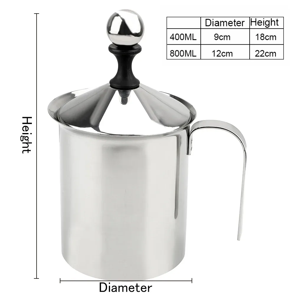 Mousseur à lait manuel 400/800 ml en acier inoxydable, mousseur à café à mailles doubles pour mousse de lait 2