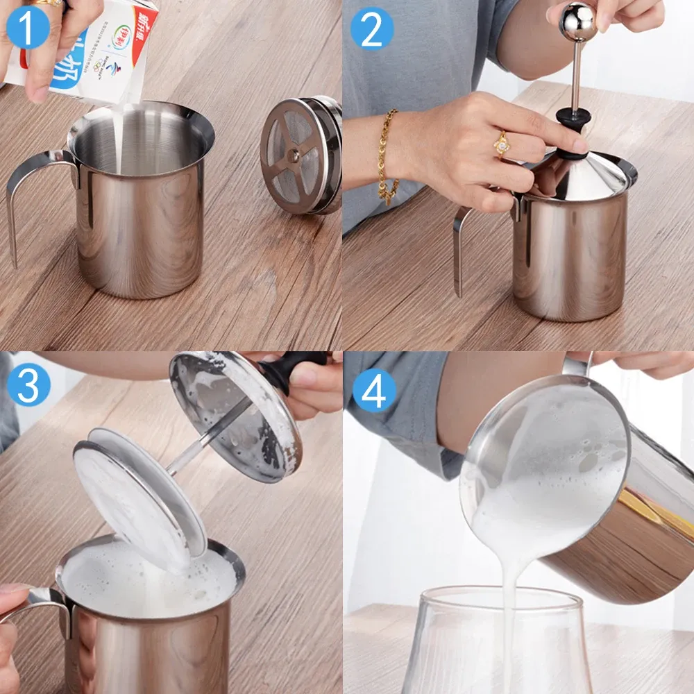 Mousseur à lait manuel 400/800 ml en acier inoxydable, mousseur à café à mailles doubles pour mousse de lait 4