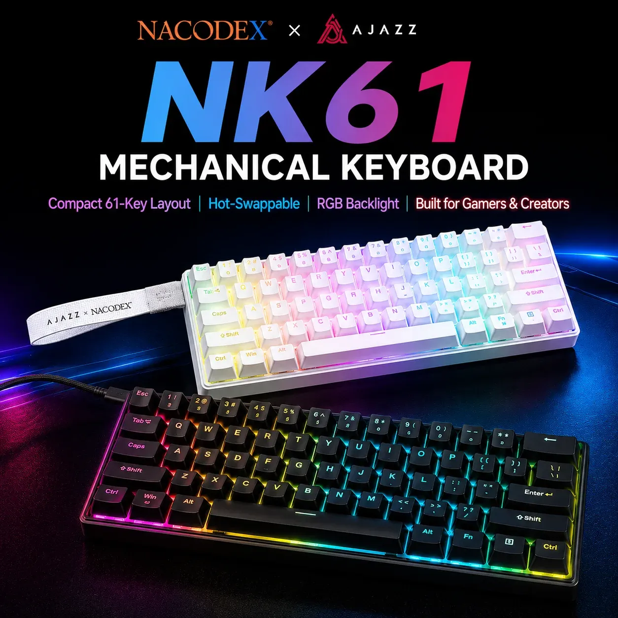 Clavier mécanique filaire AJAZZ NK61, 61 touches, format compact 60 %, interrupteurs rouges à remplacement à chaud, rétroéclairage RGB