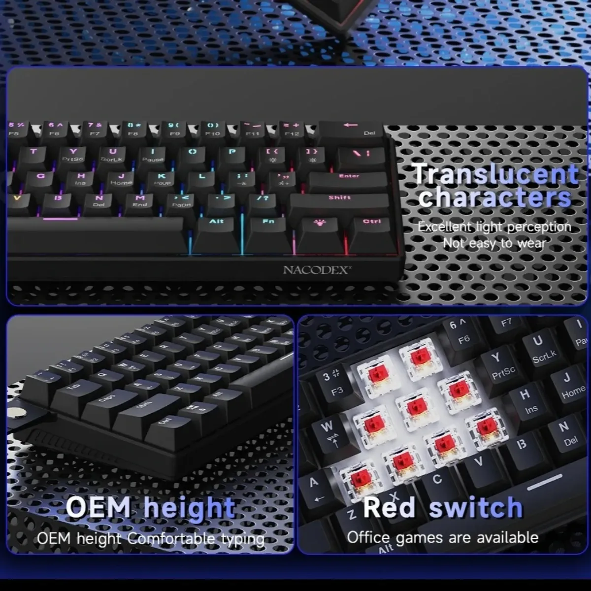Clavier mécanique filaire AJAZZ NK61, 61 touches, format compact 60 %, interrupteurs rouges à remplacement à chaud, rétroéclairage RGB 5
