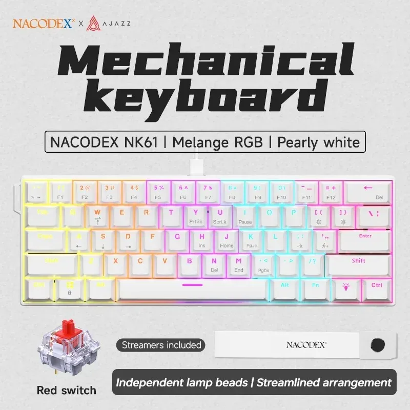 Clavier mécanique filaire AJAZZ NK61, 61 touches, format compact 60 %, interrupteurs rouges à remplacement à chaud, rétroéclairage RGB 7