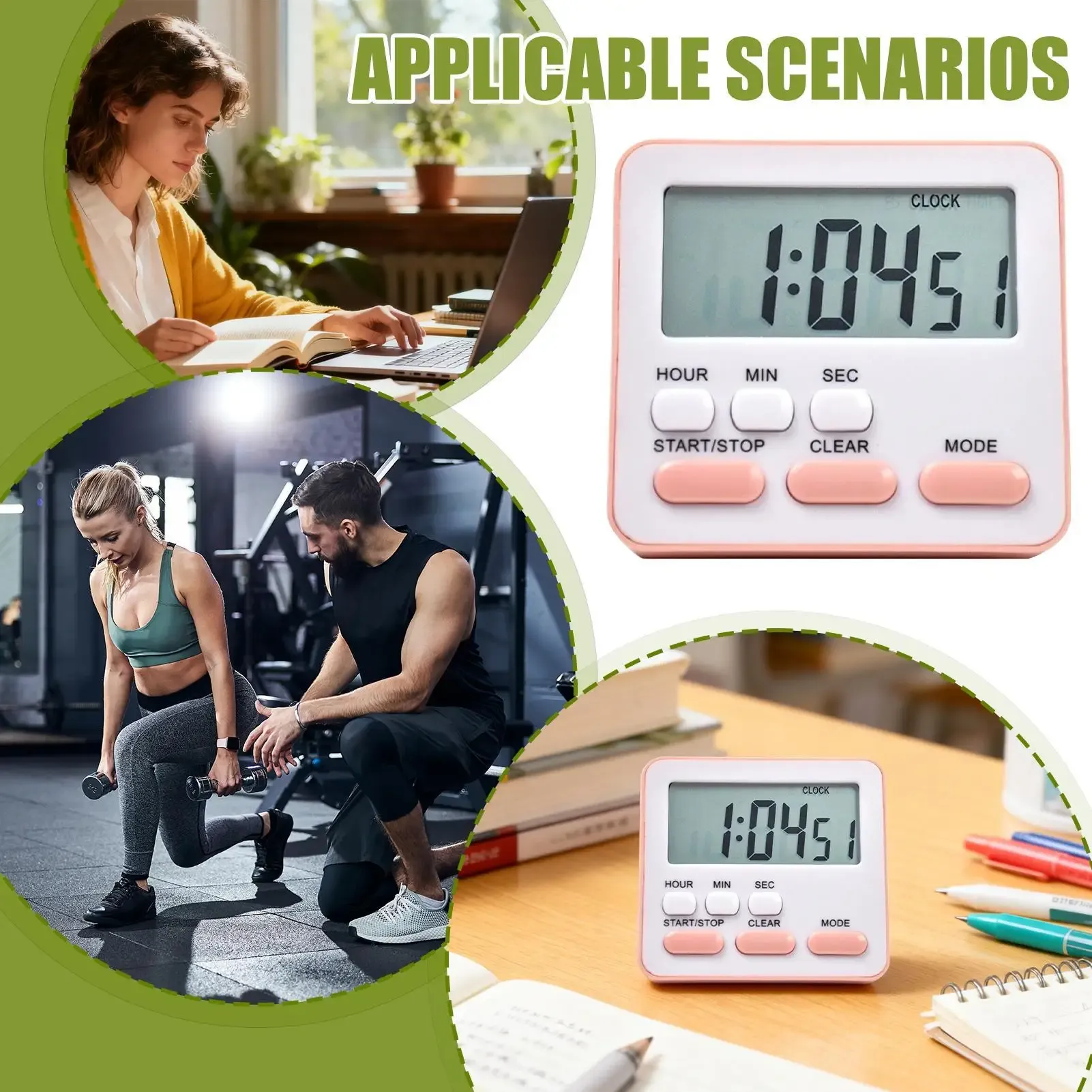 Minuterie de cuisine numérique avec grand écran et alarme de compte à rebours 24 h pour la cuisson, l'étude et la salle de classe 6