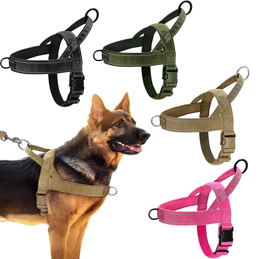 Harnais tactique anti-traction en nylon 1000D pour grand chien, réglable, avec poignée et bandes réfléchissantes - Image 1