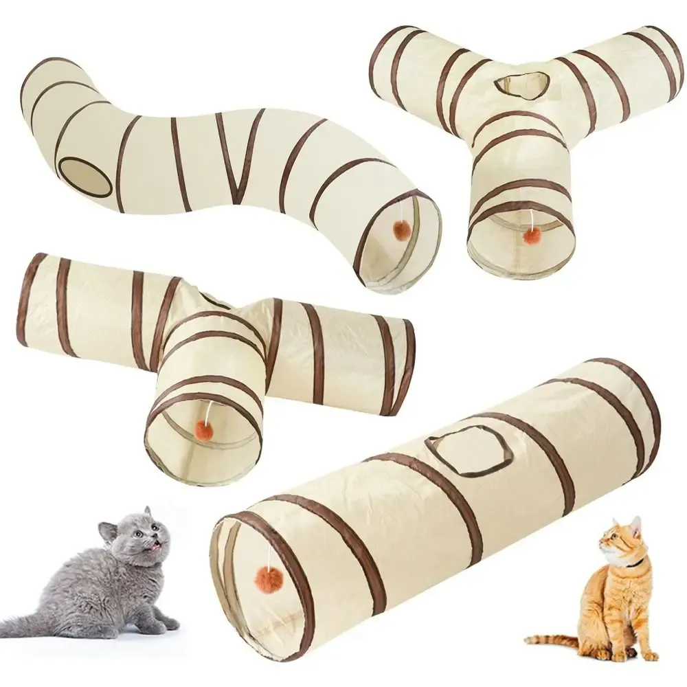 Tunnel pliable pour chat en polyester respirant avec fil d'acier, beige et café, jouet interactif et amusant pour la formation - Image 1