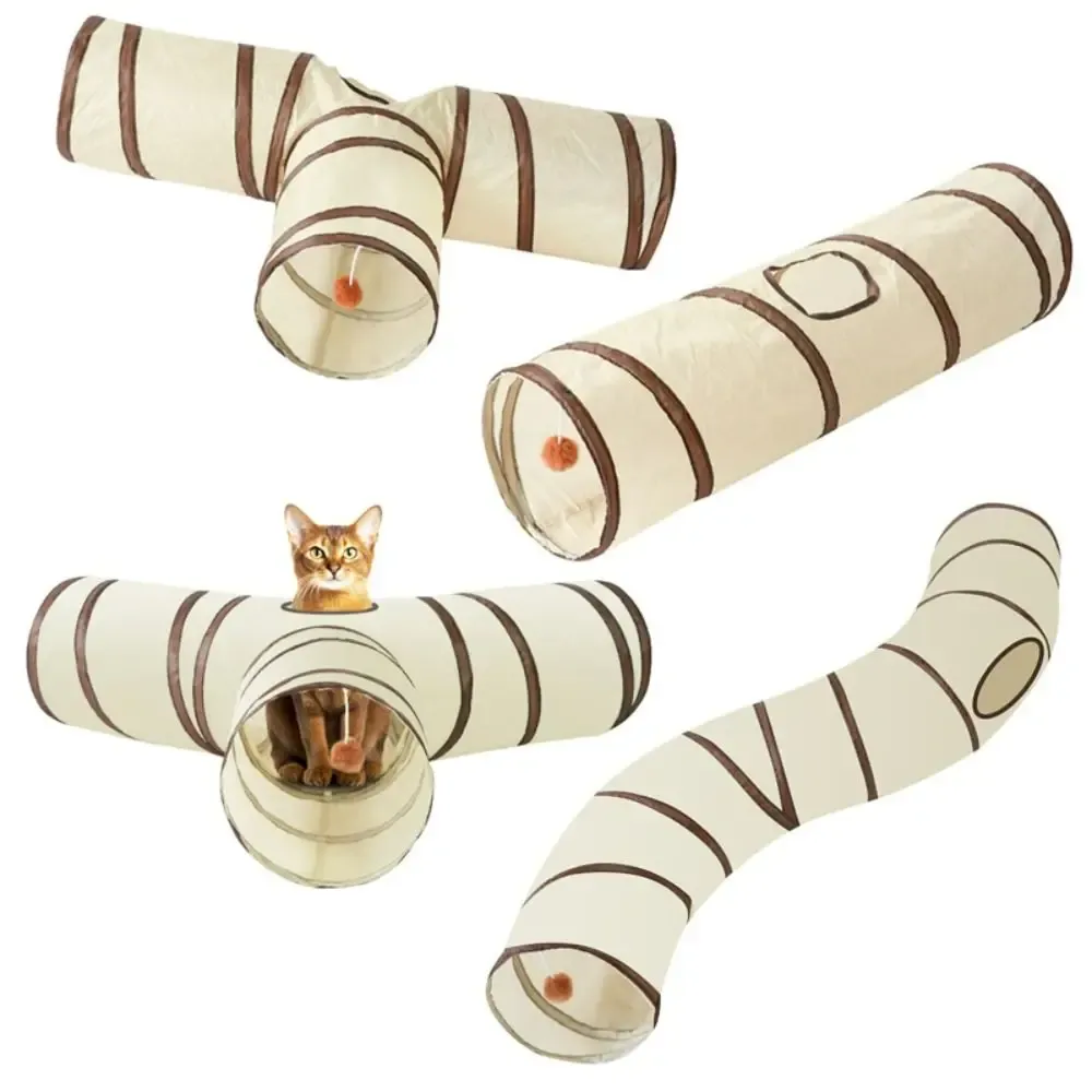 Tunnel pliable pour chat en polyester respirant avec fil d'acier, beige et café, jouet interactif et amusant pour la formation 2