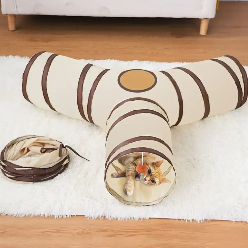 Tunnel pliable pour chat en polyester respirant avec fil d'acier, beige et café, jouet interactif et amusant pour la formation 3