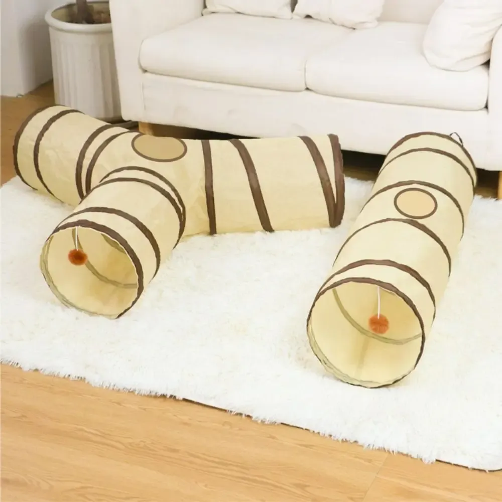 Tunnel pliable pour chat en polyester respirant avec fil d'acier, beige et café, jouet interactif et amusant pour la formation 4