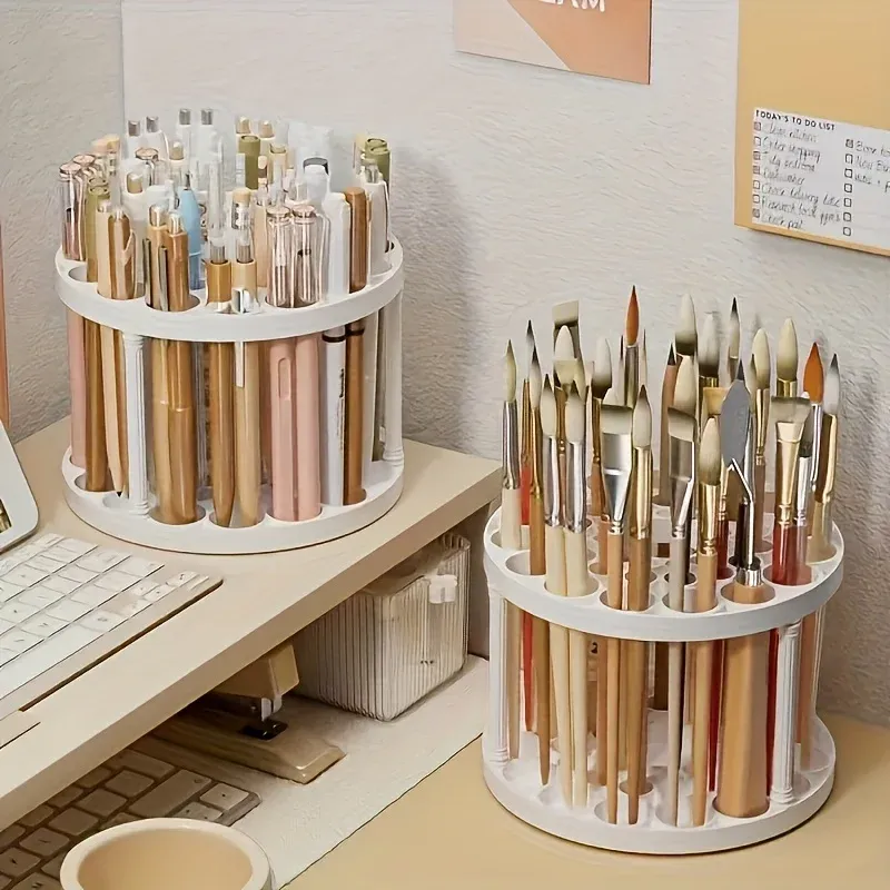 Porte-pinceaux rotatif 360° en plastique blanc, organisateur de bureau compact pour pinceaux artistiques, finition émaillée 2