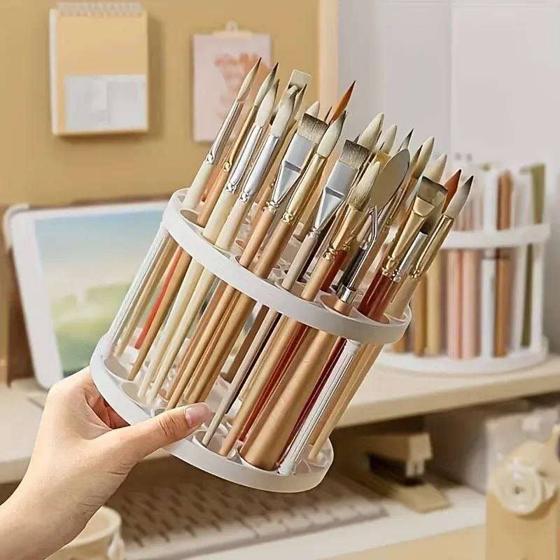 Porte-pinceaux rotatif 360° en plastique blanc, organisateur de bureau compact pour pinceaux artistiques, finition émaillée 5