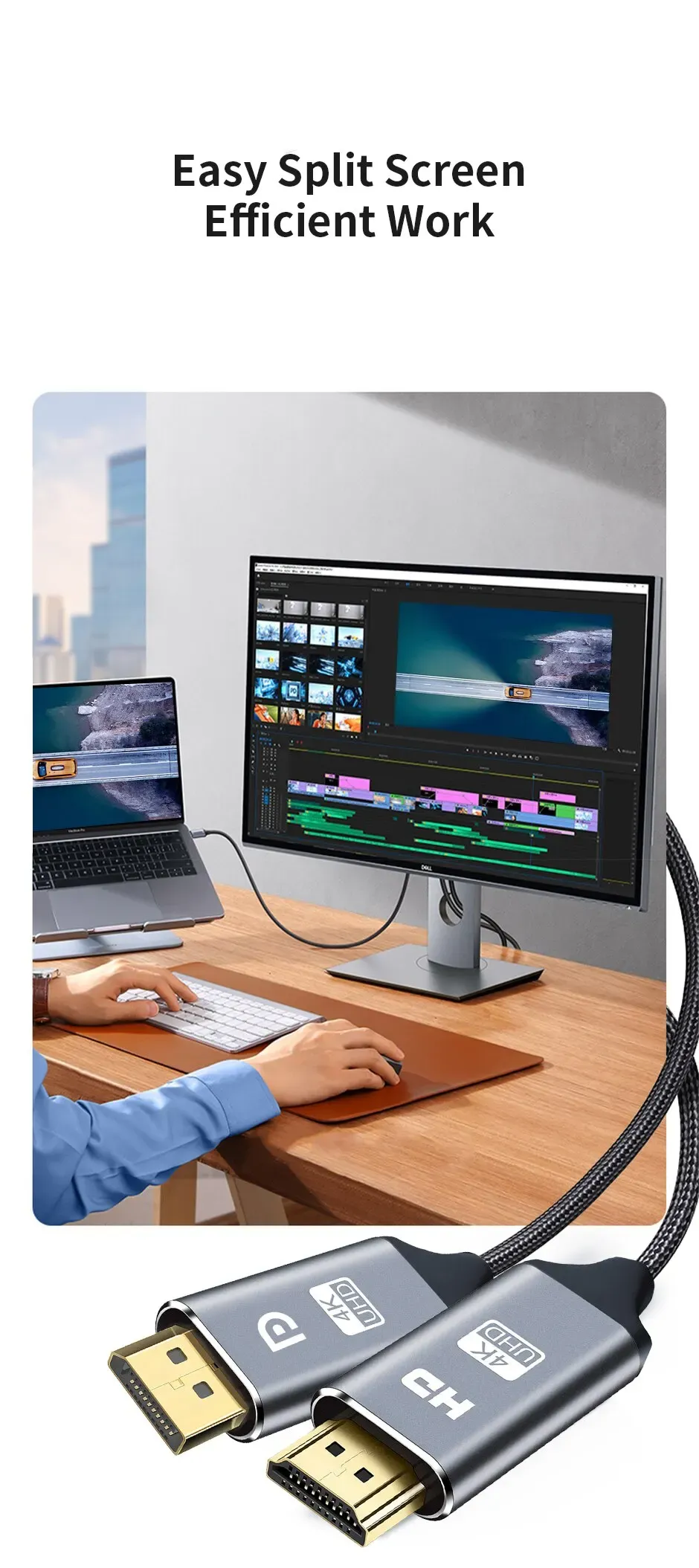 Câble DisplayPort vers HDMI, finition détaillée