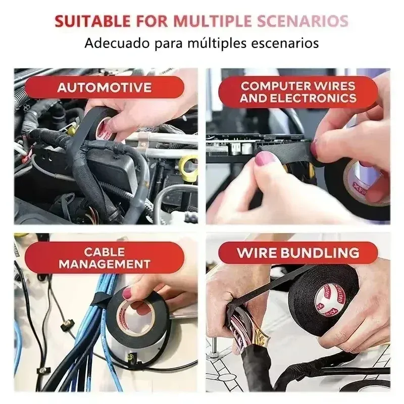 Ruban électrique en tissu pour câblage automobile, 9 mm / 15 mm / 19 mm / 25 mm, résistant à la chaleur, pour organisation de faisceaux 3