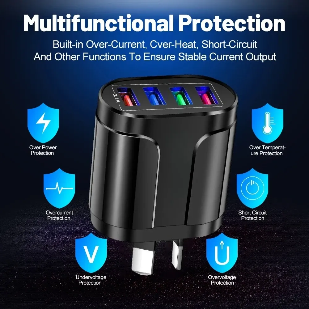 Chargeur mural USB rapide 4 ports 3,1 A, adaptateur de voyage pour prise AU 3