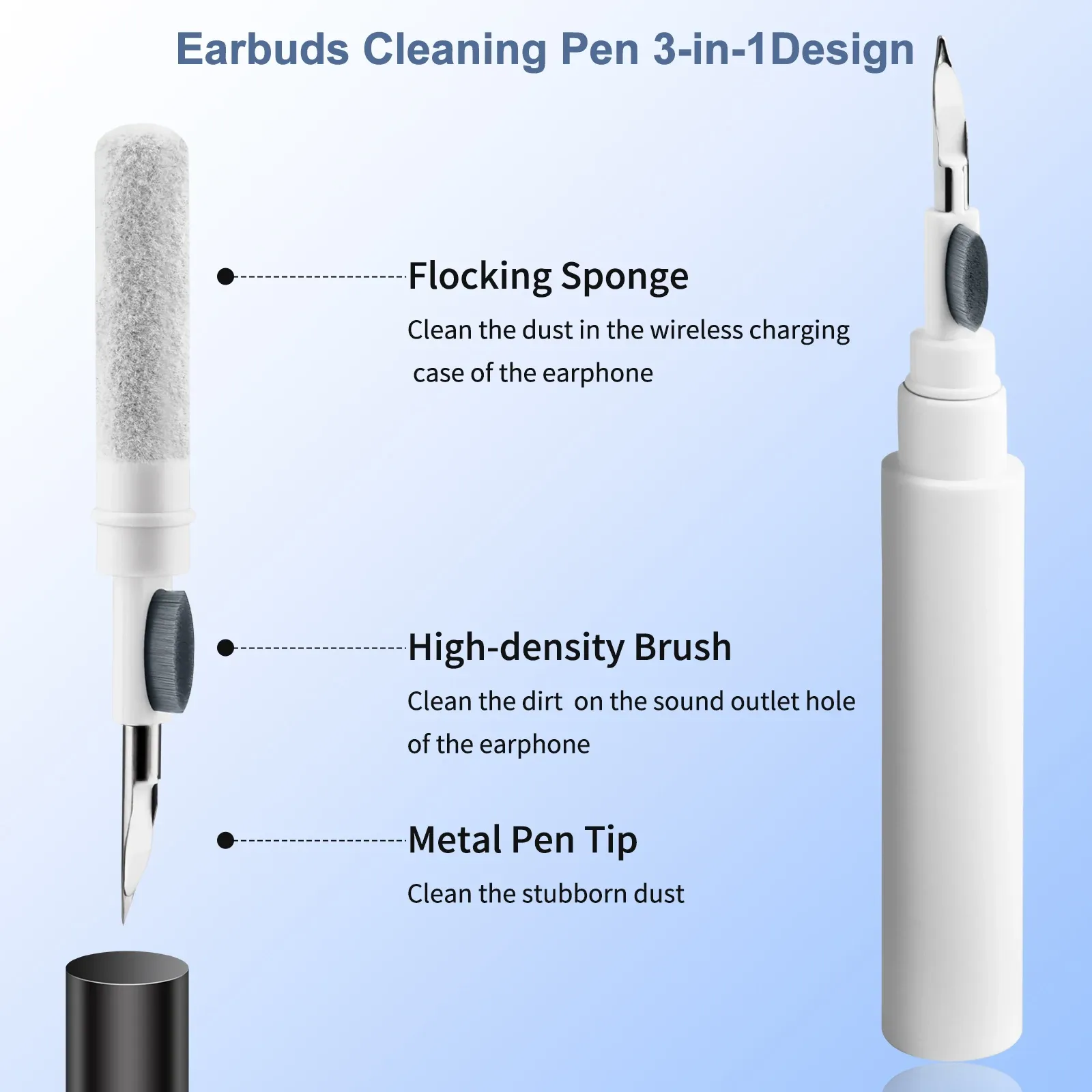 Stylo de nettoyage 3 en 1 pour écouteurs Bluetooth, compatible AirPods, avec brosse et kit de nettoyage pour boîtier 2