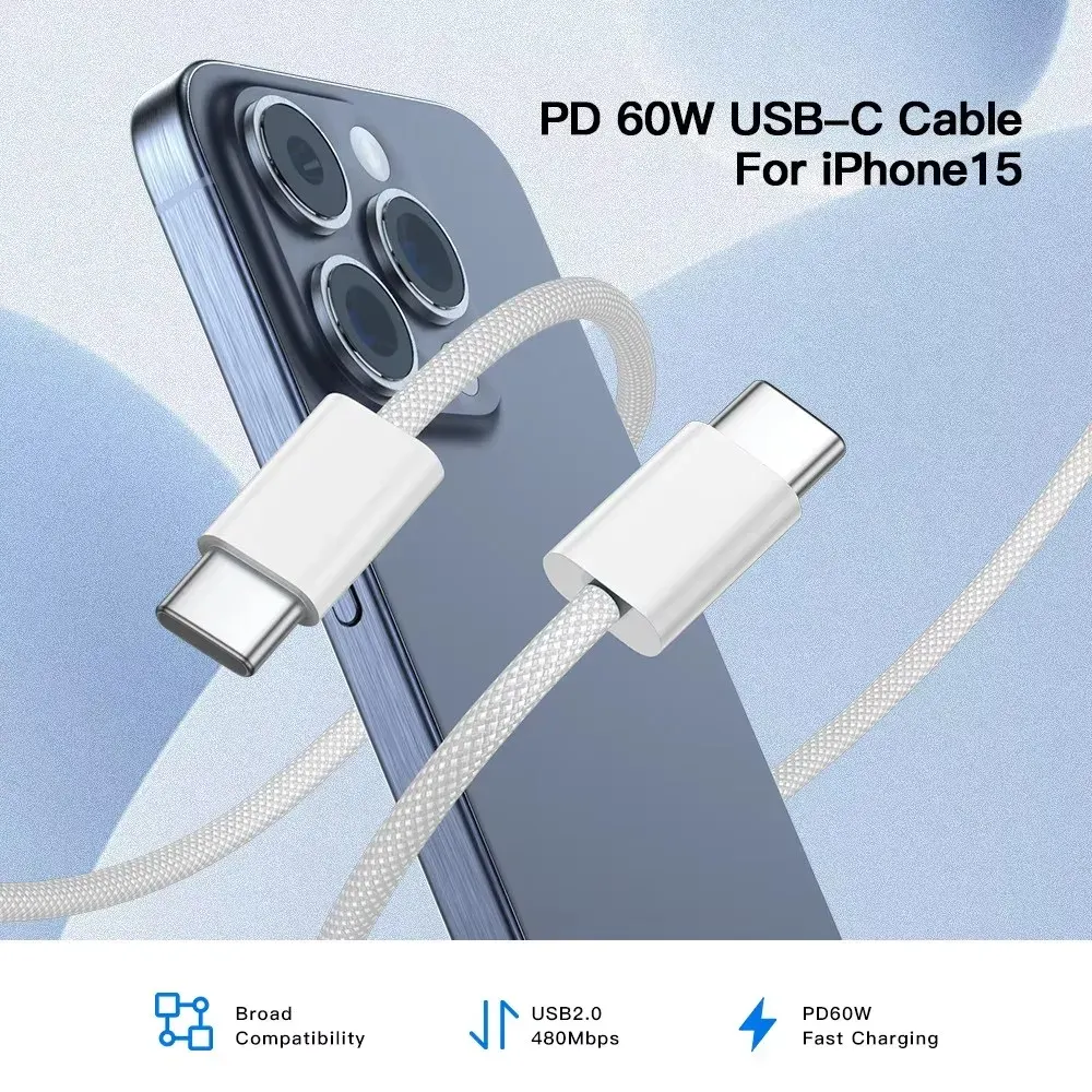Câble USB-C vers USB-C tressé à charge rapide 60 W (Power Delivery) pour iPhone 15 et 16 (Pro, Pro Max, Plus) 3