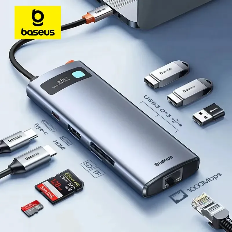 Hub USB-C Baseus 4K 60Hz, USB-C vers HDMI, SD, TF, Ethernet, Charge rapide PD 100W, Adaptateur USB 3.0 pour MacBook, ordinateur portable, tablette