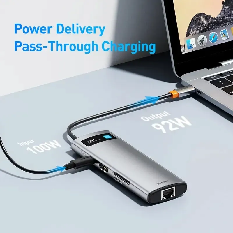 Hub USB-C Baseus 4K 60Hz, USB-C vers HDMI, SD, TF, Ethernet, Charge rapide PD 100W, Adaptateur USB 3.0 pour MacBook, ordinateur portable, tablette 4