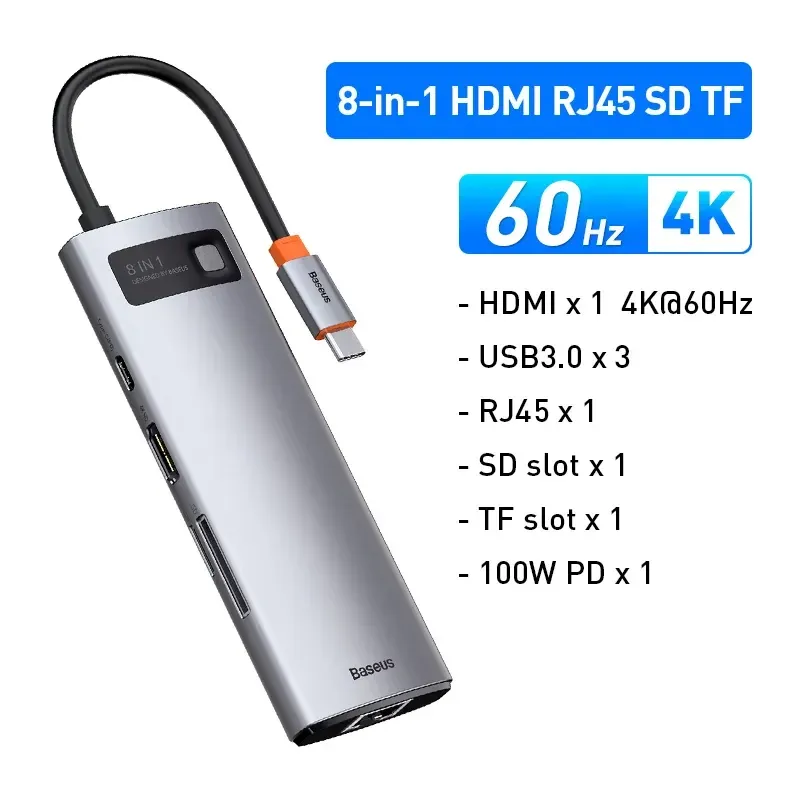 Hub USB-C Baseus 4K 60Hz, USB-C vers HDMI, SD, TF, Ethernet, Charge rapide PD 100W, Adaptateur USB 3.0 pour MacBook, ordinateur portable, tablette 7