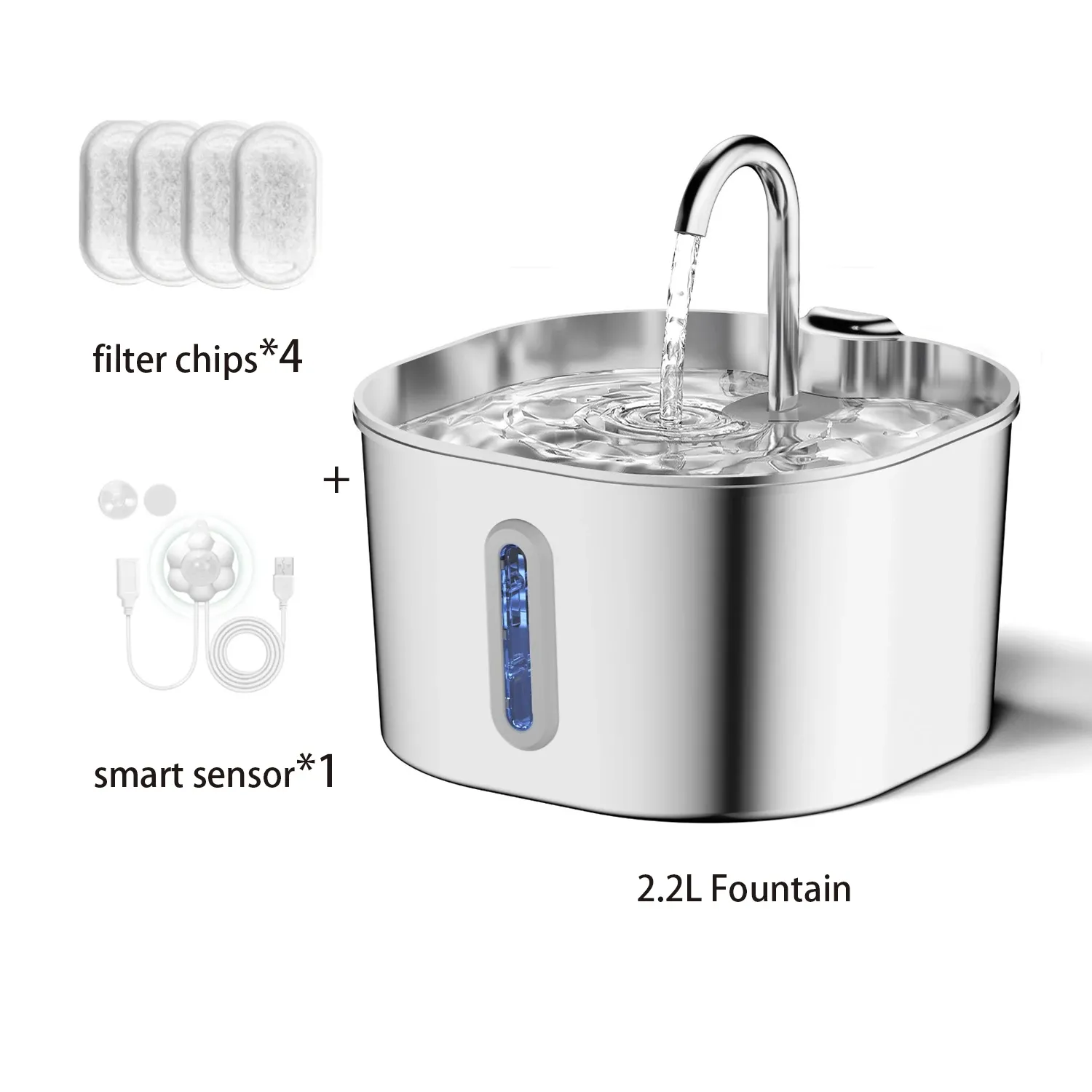 ZYFeeder Fontaine d'eau automatique pour chat 2,2 L en acier inoxydable, carrée, avec fenêtre de niveau (sans adaptateur 5 V 1 A) 7
