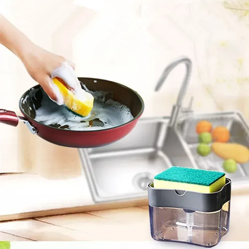 Distributeur de savon portable à pression pour cuisine, avec éponge de nettoyage pour la vaisselle et les casseroles 2