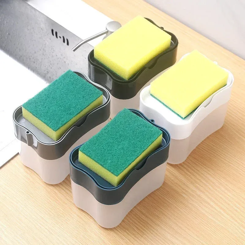 Distributeur de savon portable à pression pour cuisine, avec éponge de nettoyage pour la vaisselle et les casseroles 4