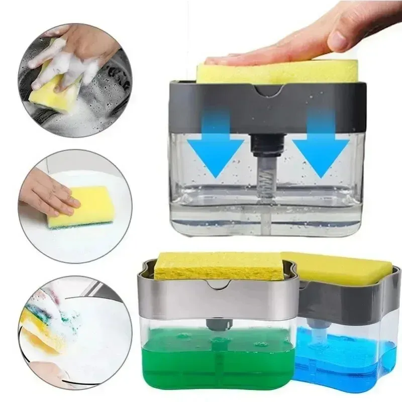 Distributeur de savon portable à pression pour cuisine, avec éponge de nettoyage pour la vaisselle et les casseroles 5