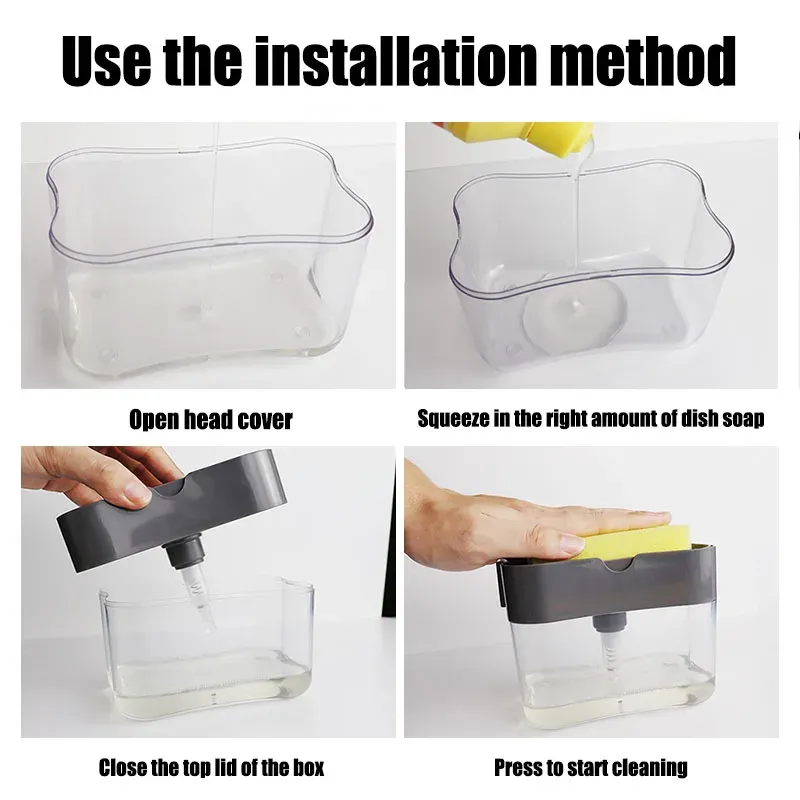 Distributeur de savon portable à pression pour cuisine, avec éponge de nettoyage pour la vaisselle et les casseroles 6