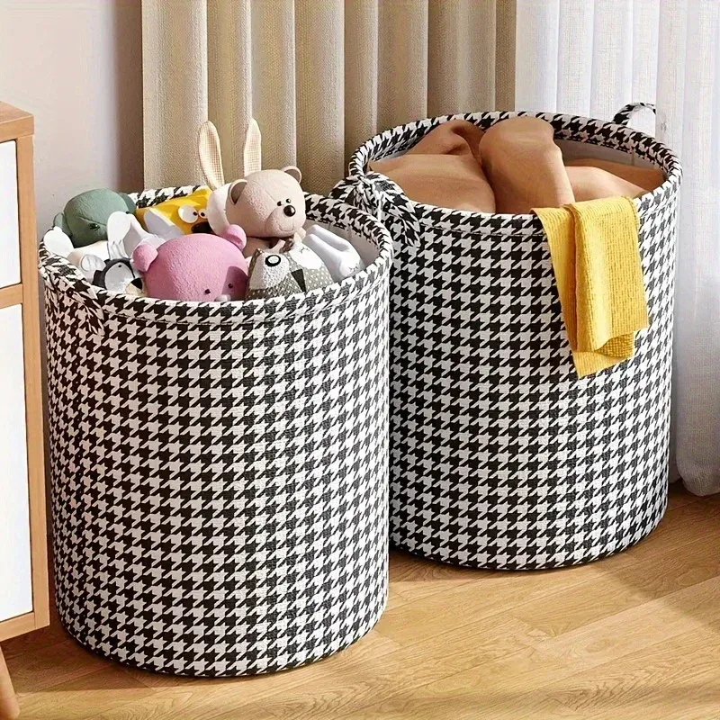 Panier à linge pliable en tissu pied-de-poule avec poignée, rangement moderne pour chambre, salle de bain et salon - Image 1