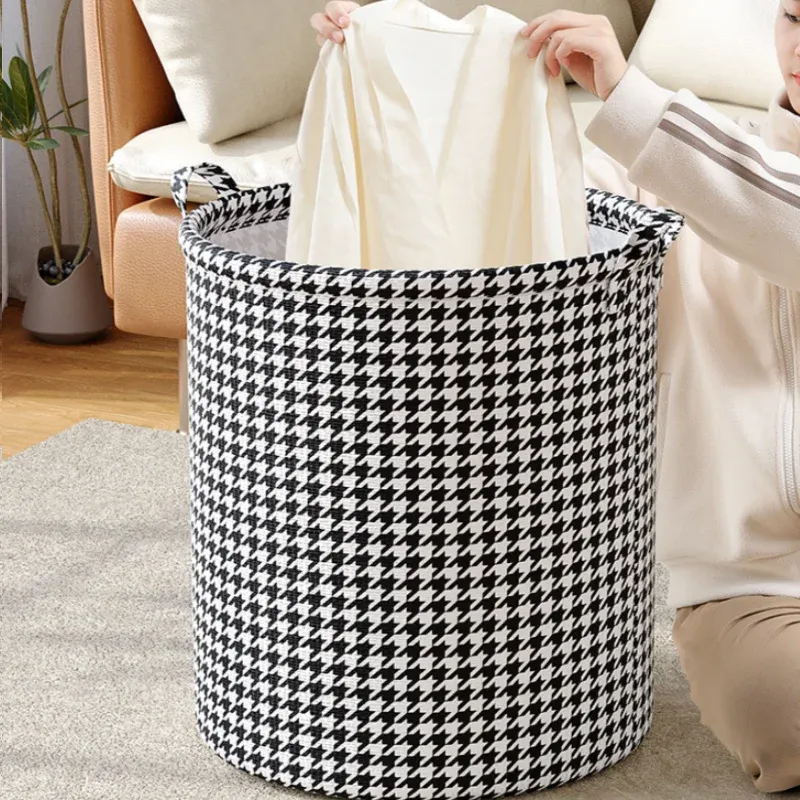Panier à linge pliable en tissu pied-de-poule avec poignée, rangement moderne pour chambre, salle de bain et salon 3