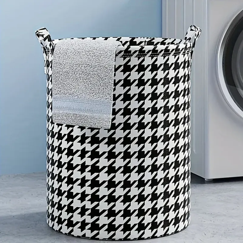 Panier à linge pliable en tissu pied-de-poule avec poignée, rangement moderne pour chambre, salle de bain et salon 4