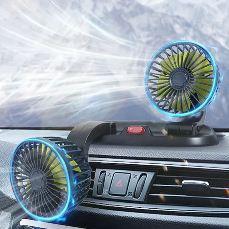 Ventilateur de voiture 5V 12V 24V, ventilateur de refroidissement pour voiture à rotation 360° à double tête réglable, alimentation USB, 2 vitesses, pour tableau de bord, camping-car et camion 6