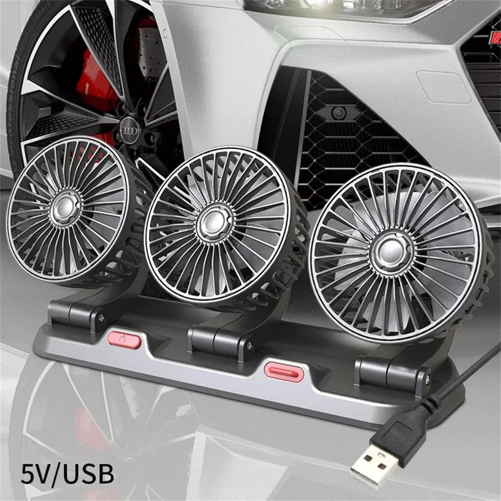 Ventilateur de voiture 5V 12V 24V, ventilateur de refroidissement pour voiture à rotation 360° à double tête réglable, alimentation USB, 2 vitesses, pour tableau de bord, camping-car et camion 9