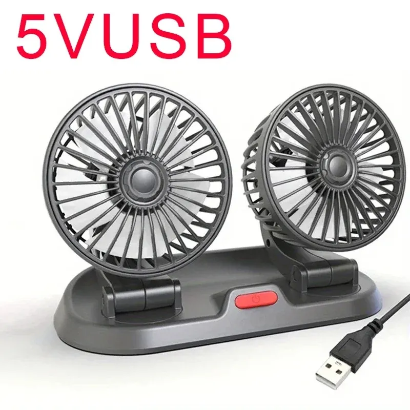 Ventilateur de voiture 5V 12V 24V, ventilateur de refroidissement pour voiture à rotation 360° à double tête réglable, alimentation USB, 2 vitesses, pour tableau de bord, camping-car et camion 10