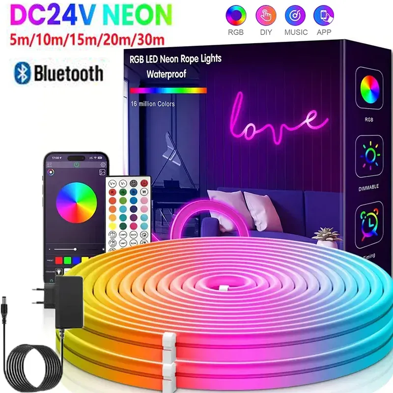 Bande LED néon RGB 3535 DC24V avec prise EU, 5/10/15/20/30 m, synchronisation musicale Bluetooth, étanche, pour décoration intérieure et extérieure