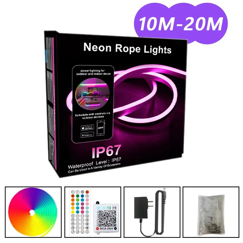 Bande LED néon RGB 3535 DC24V avec prise EU, 5/10/15/20/30 m, synchronisation musicale Bluetooth, étanche, pour décoration intérieure et extérieure 9