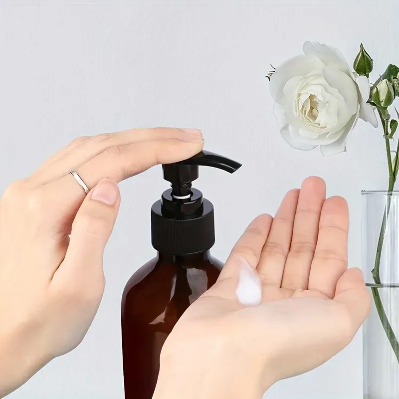 Distributeur de savon de salle de bain, 1 pièce, 300 ml / 500 ml, ambre, pompe à pression rechargeable pour shampoing, lotion et gel cosmétique 2