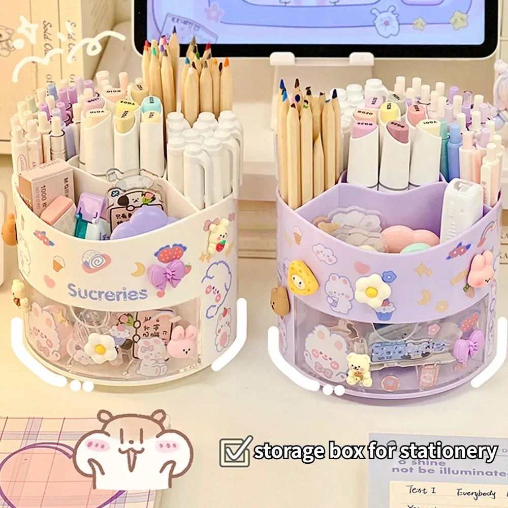 Porte-stylo rotatif mignon à tiroir, boîte de rangement pour papeterie, organisateur de bureau kawaii pour école - Image 1