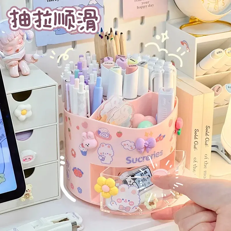 Porte-stylo rotatif mignon à tiroir, boîte de rangement pour papeterie, organisateur de bureau kawaii pour école 2