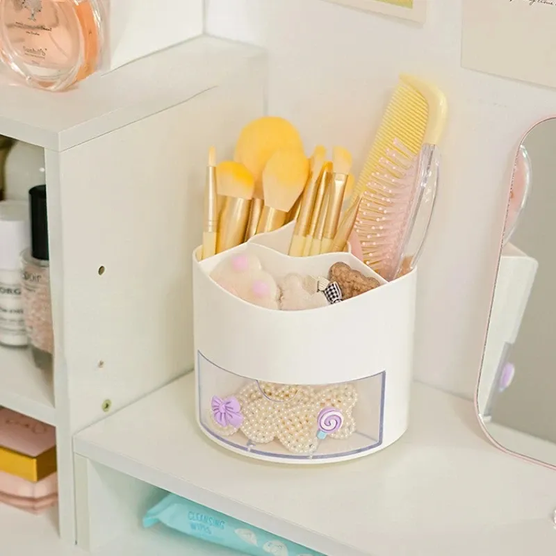 Porte-stylo rotatif mignon à tiroir, boîte de rangement pour papeterie, organisateur de bureau kawaii pour école 4