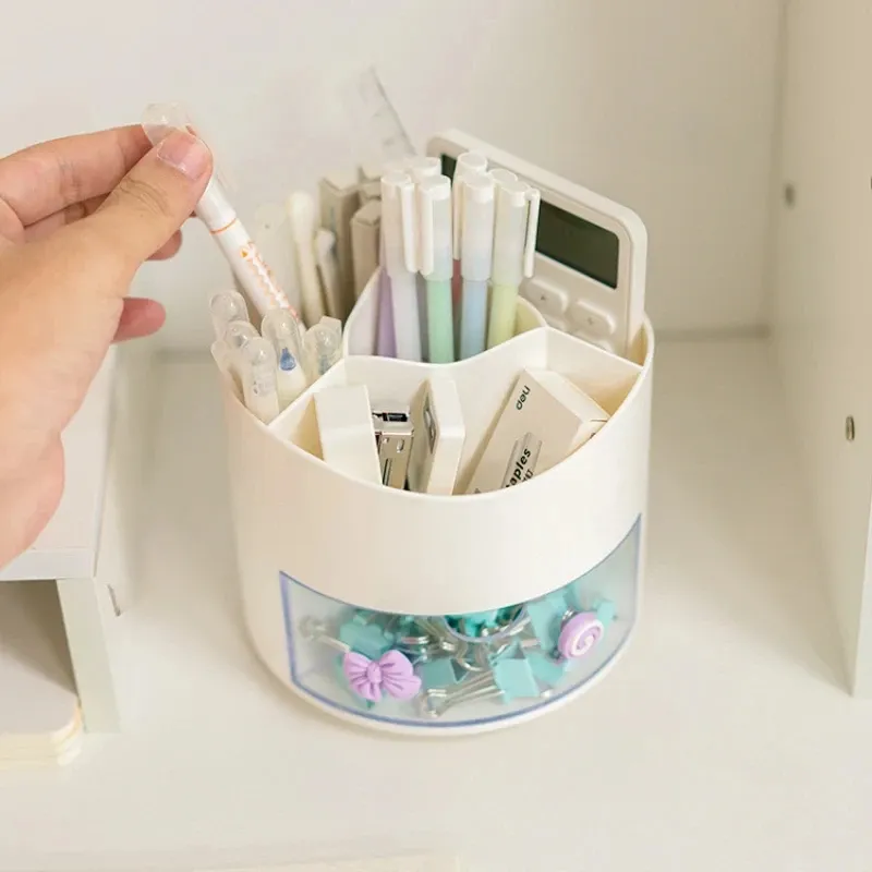 Porte-stylo rotatif mignon à tiroir, boîte de rangement pour papeterie, organisateur de bureau kawaii pour école 5