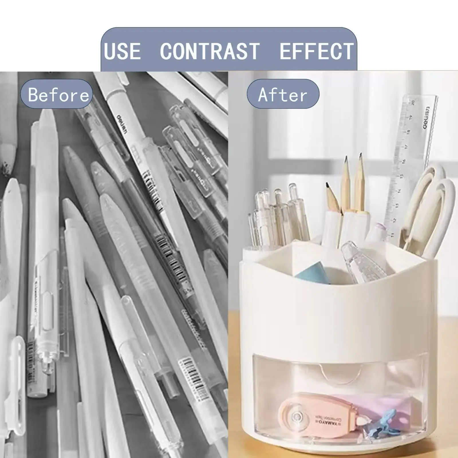 Porte-stylo rotatif Kawaii présenté sur un bureau