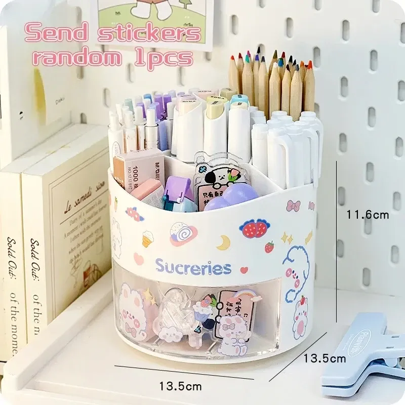 Porte-stylo rotatif mignon à tiroir, boîte de rangement pour papeterie, organisateur de bureau kawaii pour école 7