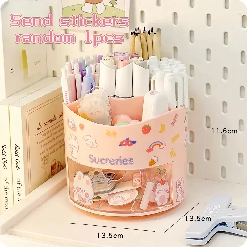 Porte-stylo rotatif mignon à tiroir, boîte de rangement pour papeterie, organisateur de bureau kawaii pour école 9